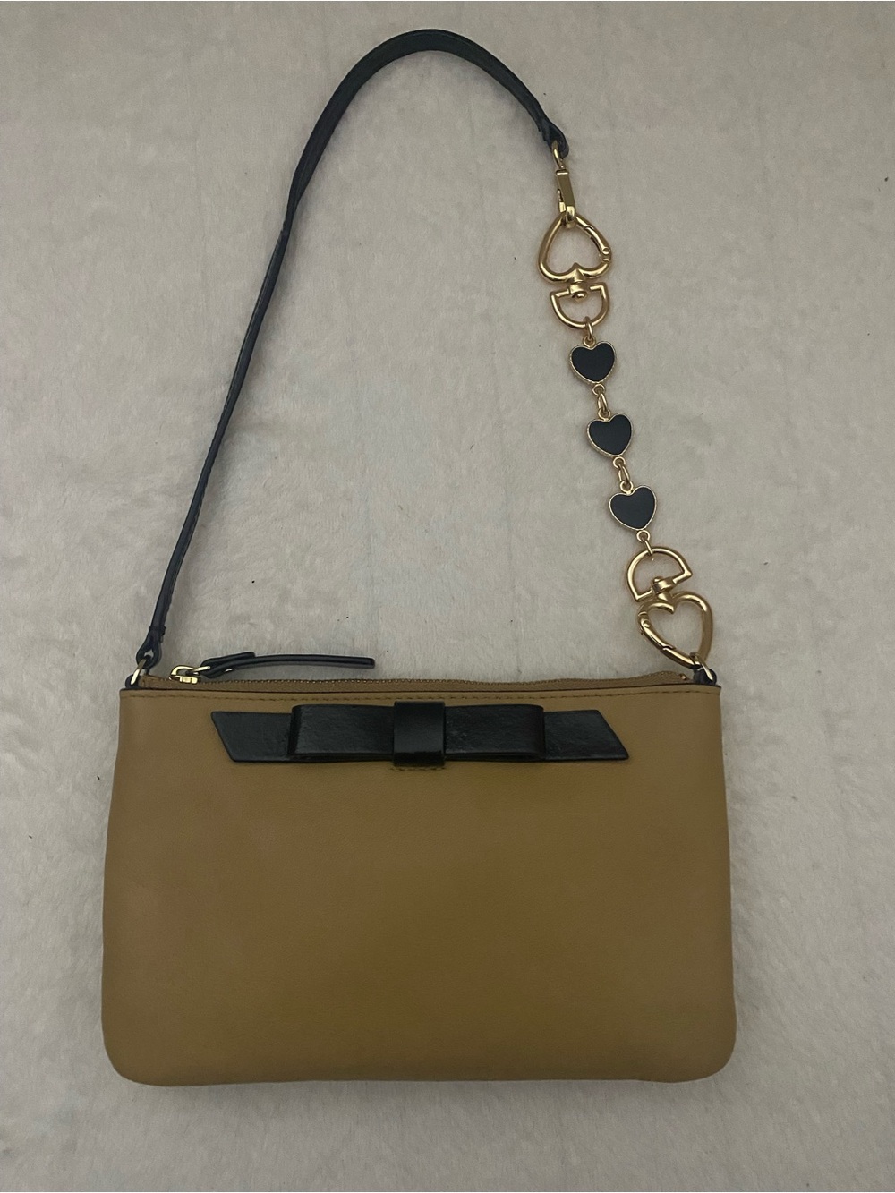 kate spade Caramel Wristlet with Black Bow and Gold Heart-Link Extender